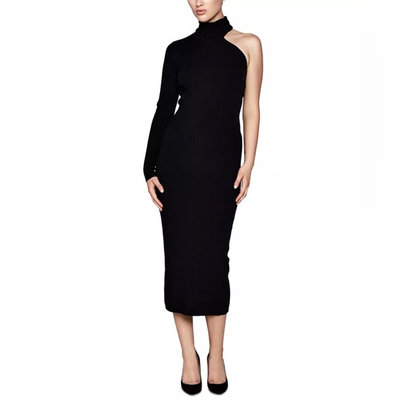 BARDOT Black knit turtleneck one‎ shoulder midi dress size - Picture 2 of 15